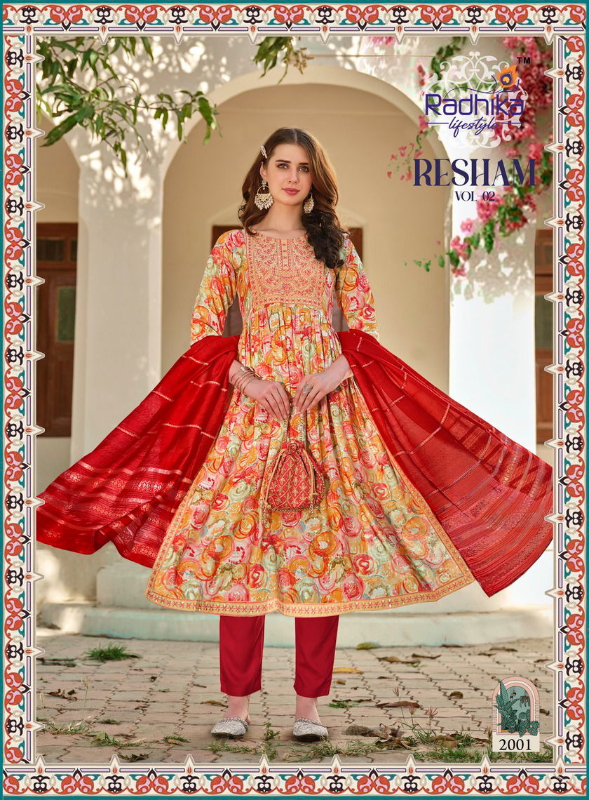 Resham Vol 2 By Radhika Naira Cut Printed Embroidery Kurti With Bottom Dupatta Wholesale Online